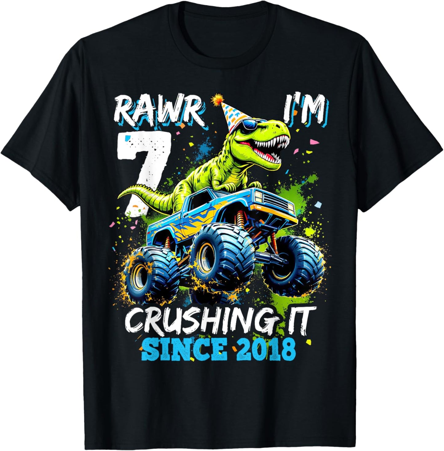 7th Birthday Monster Truck Dinosaur Party Boys Rawr I'm 7 T-Shirt