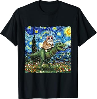 Cat Riding Dinosaur T-Rex Starry Night Van Gogh Cat Lover T-Shirt