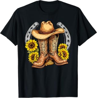 Western Cowboy Boots Sunflowers Rope Hat Horseshoes T-Shirt