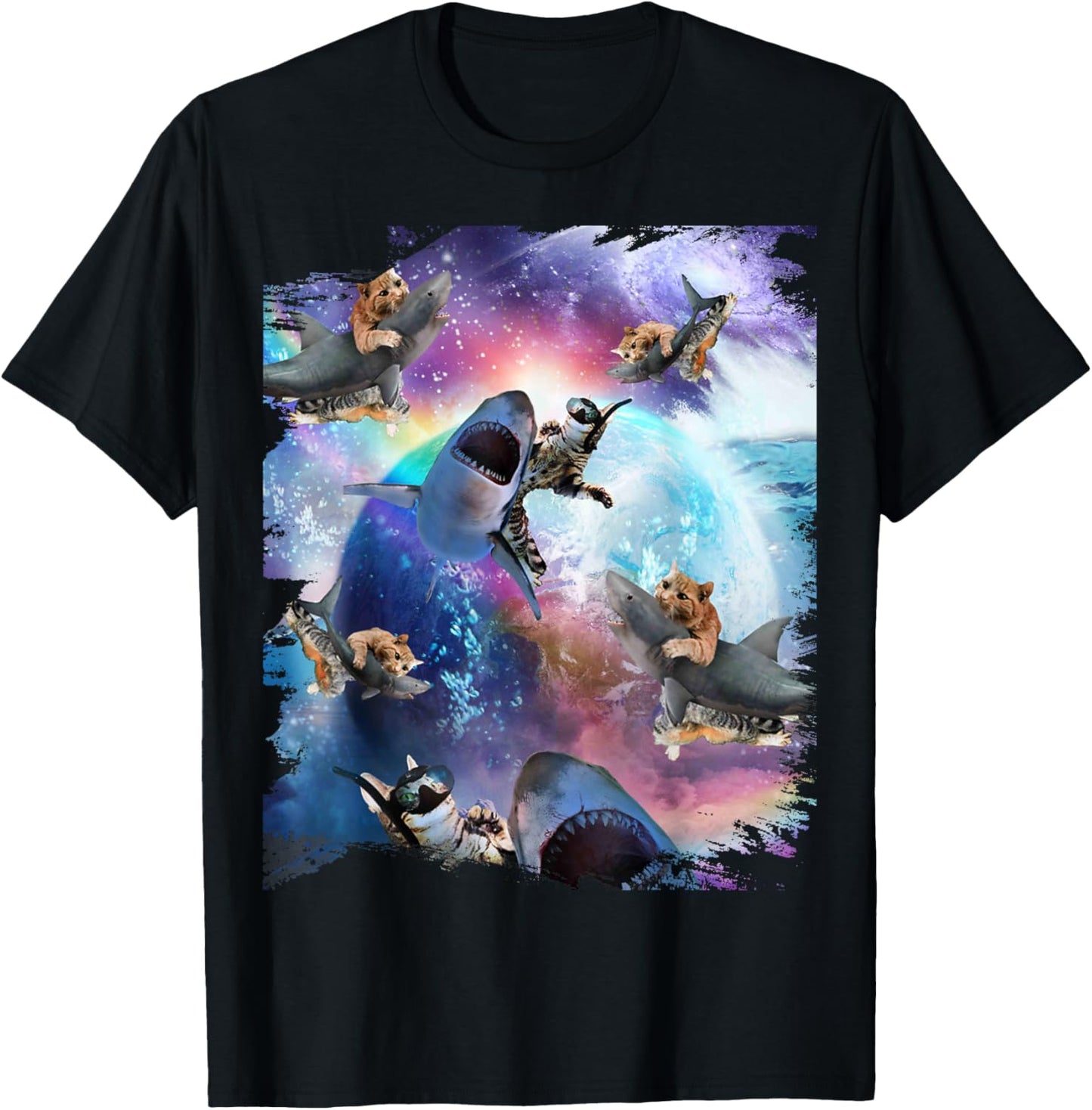 Space Cat Riding Shark Galaxy Rainbow Cats on Sharks T-Shirt