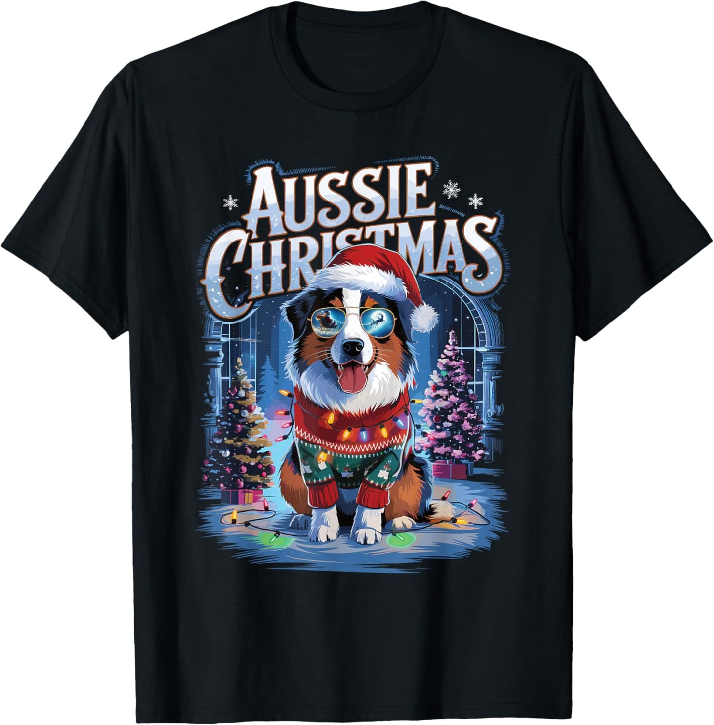 Aussie Christmas Santa Hat Dog Christmas Australian Shepherd T-Shirt