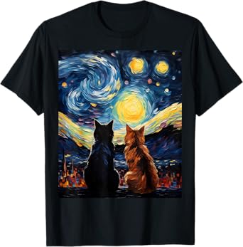Funny Couples Cats Lover Starry Night Vincent van Gogh Cat T-Shirt for Men Women Girls Kids