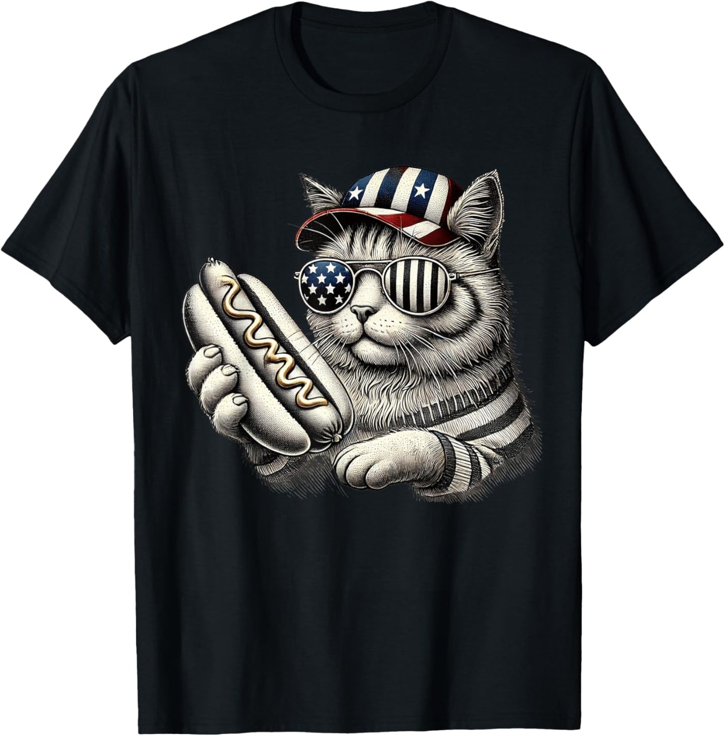 4th of July Hotdog Cat Funny Patriotic Cat USA Flag Men Boys T-Shirt