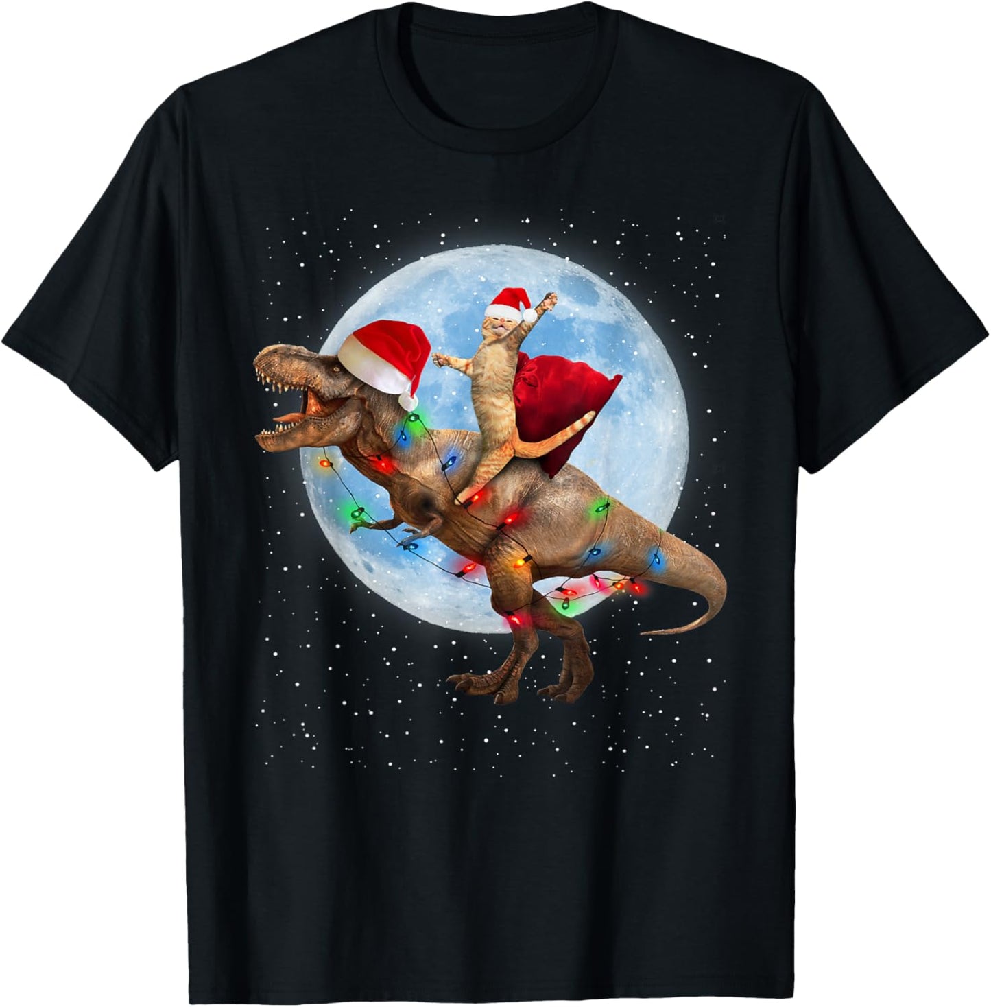 Cat Santa Hat Riding Dinosaur T rex Moon Christmas Xmas T-Shirt for Men Women Kids