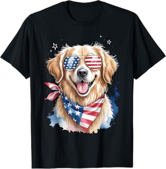Golden Retriever Dogs American Flag Glasses 4th of July Dog T-Shirt