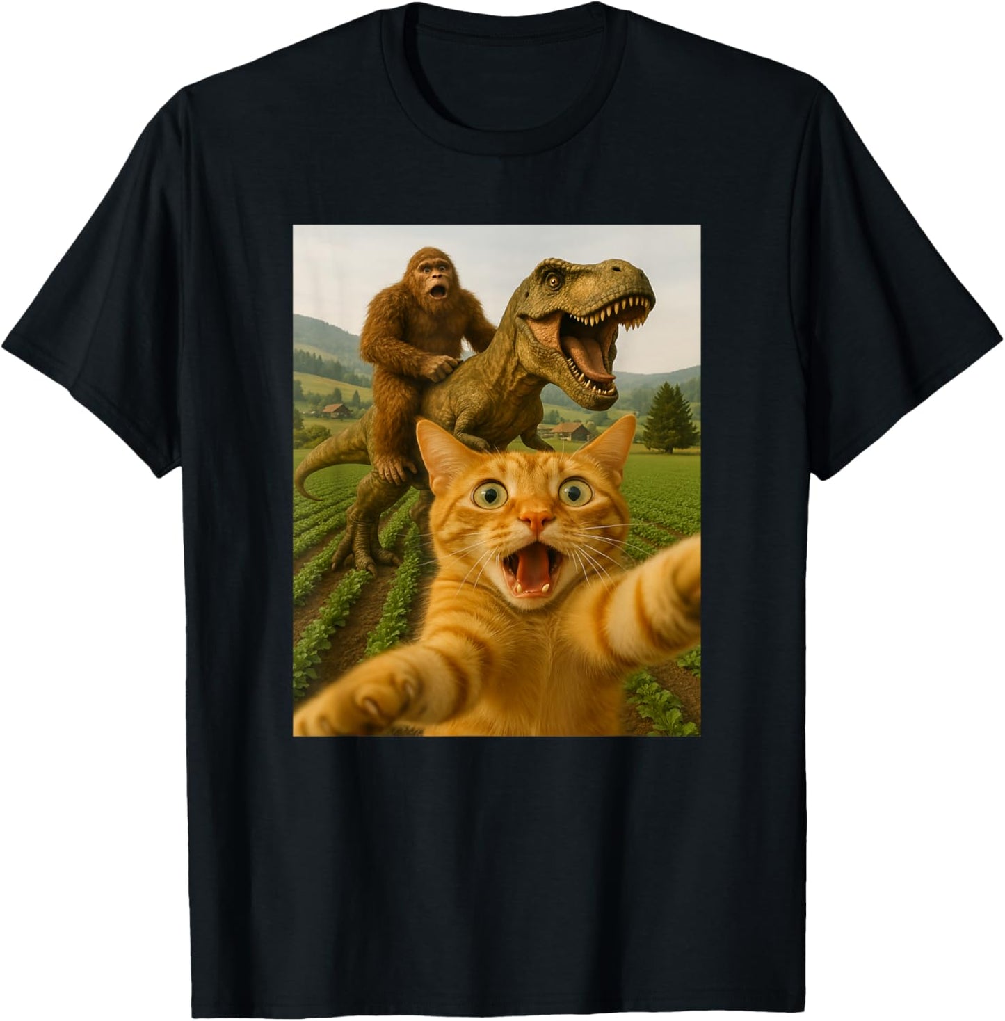 Funny Cat Selfie With Bigfoot Riding T-rex Dinosaur T-Shirt