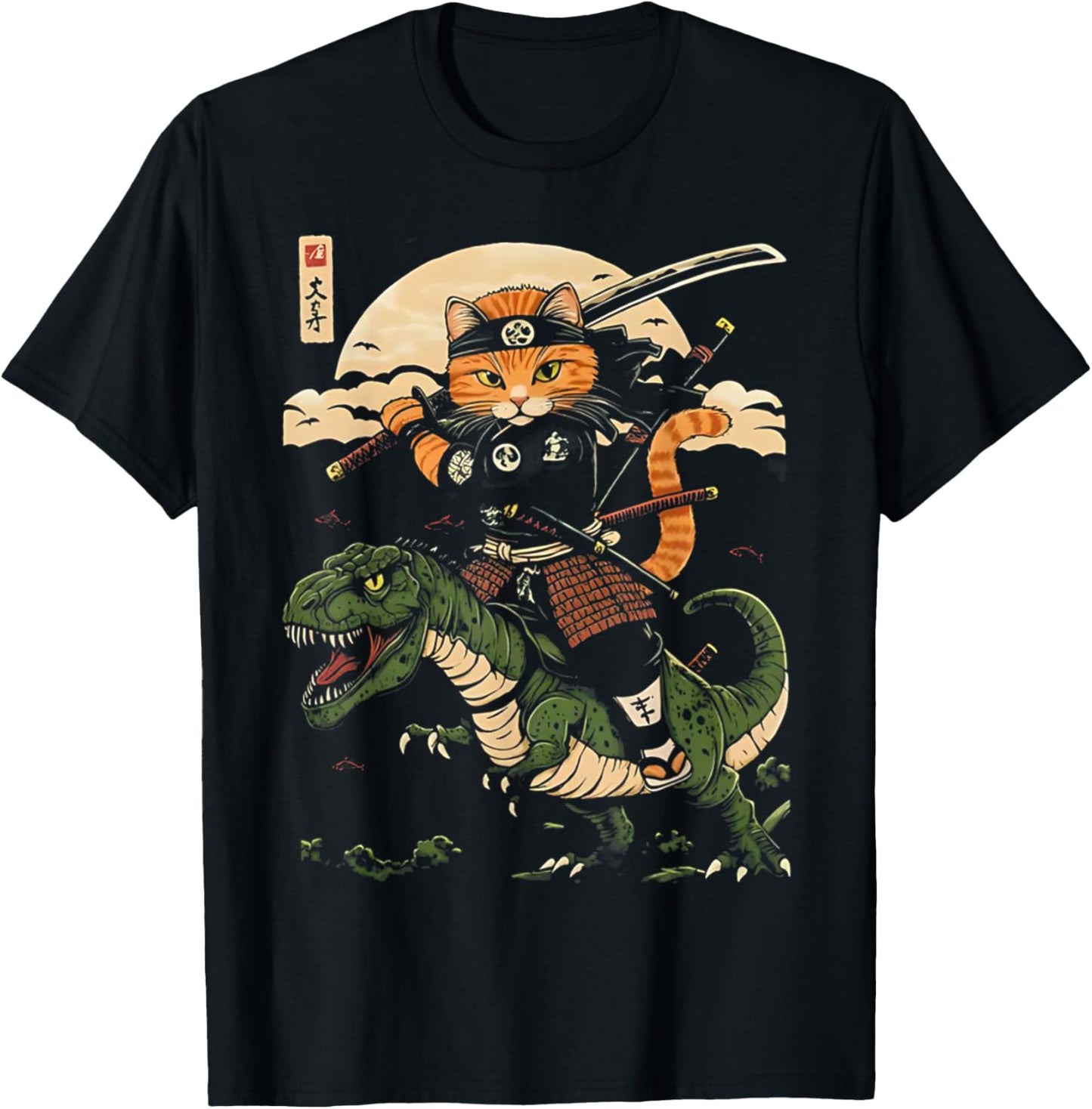 Samurai Cat Riding Dinosaur Vintage Warrior Japanese Art Tee T-Shirt for Men Women