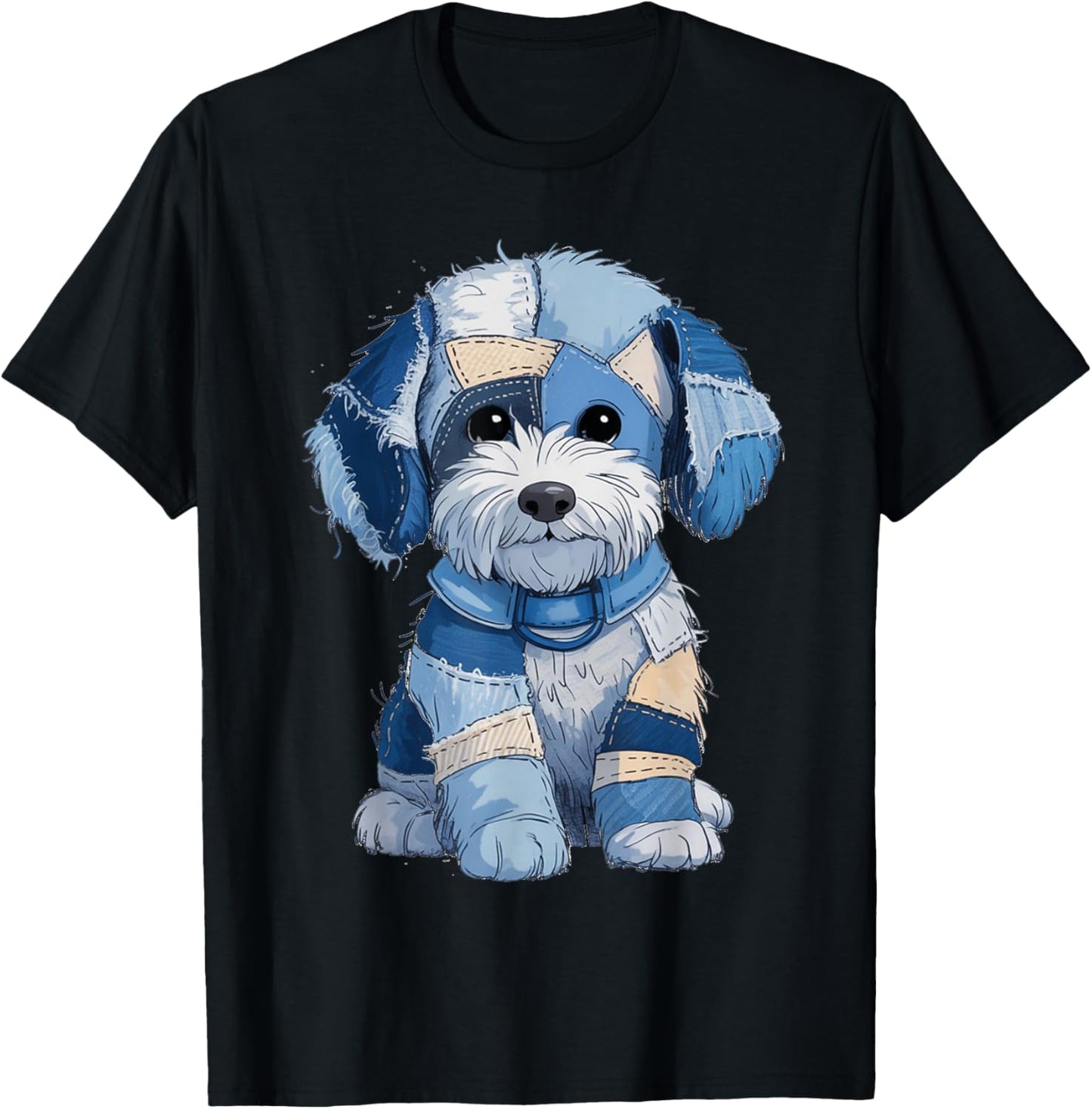 Retro Funny Denim Patch Animal Dog Print T-Shirt