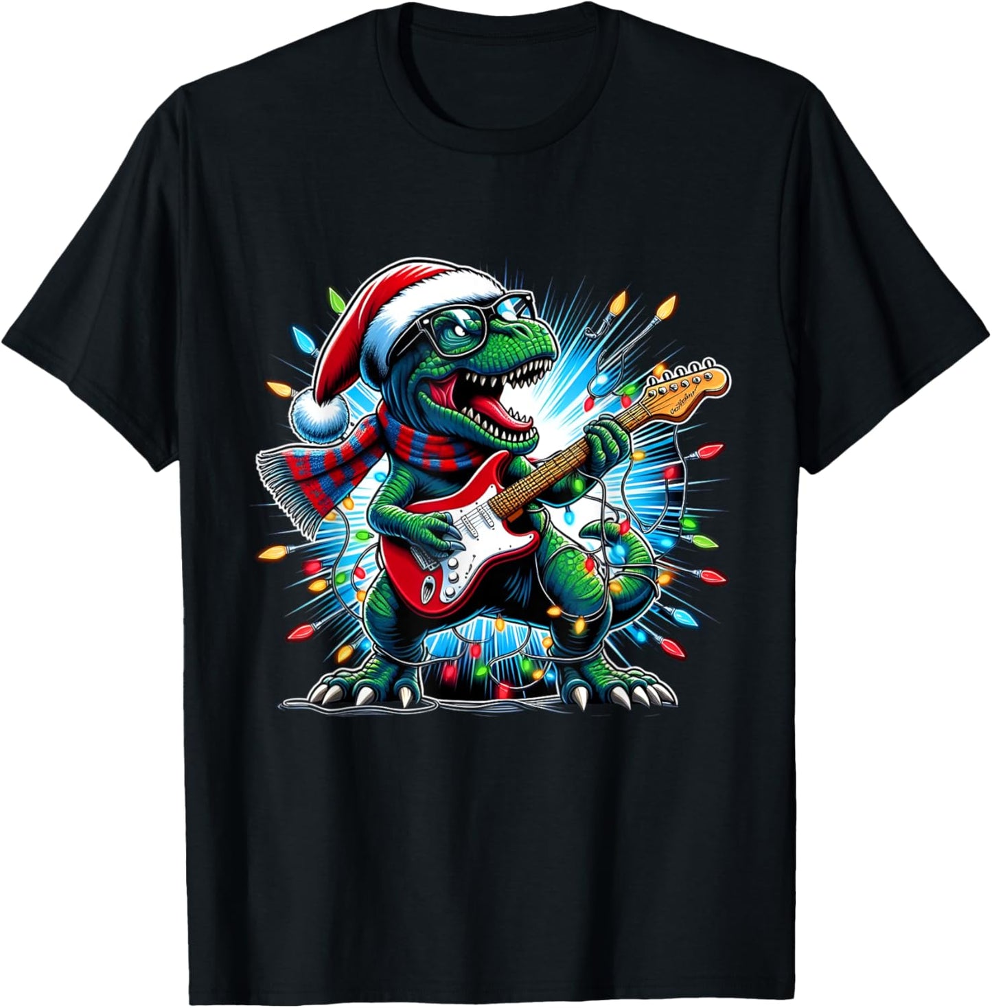 Dinosaur Guitar Player Xmas Funny Trex Dinosaur Christmas T-Shirt