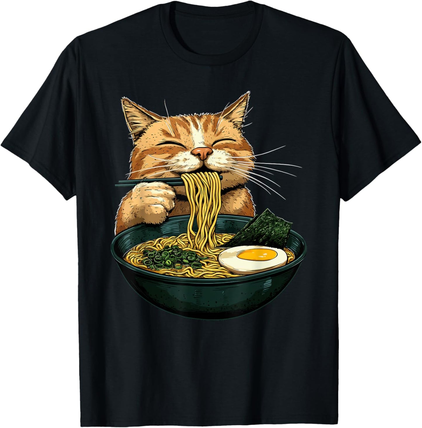 Funny Cat Eating Ramen Japanese Graphic Tee Anime Kawaii Cat T-Shirt