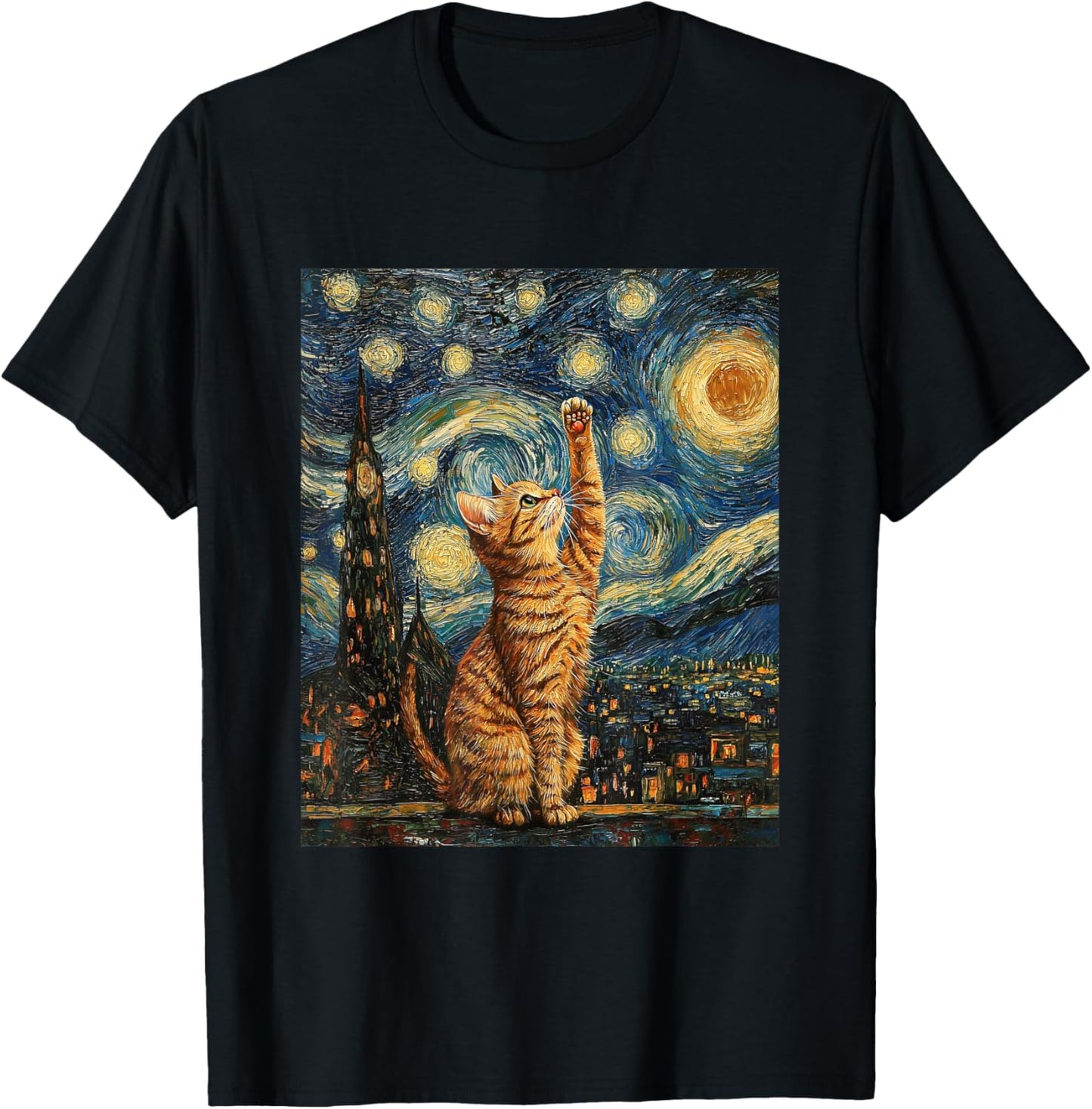 Cat Van Gogh Style Starry Night Art Funny Graphic T-Shirt