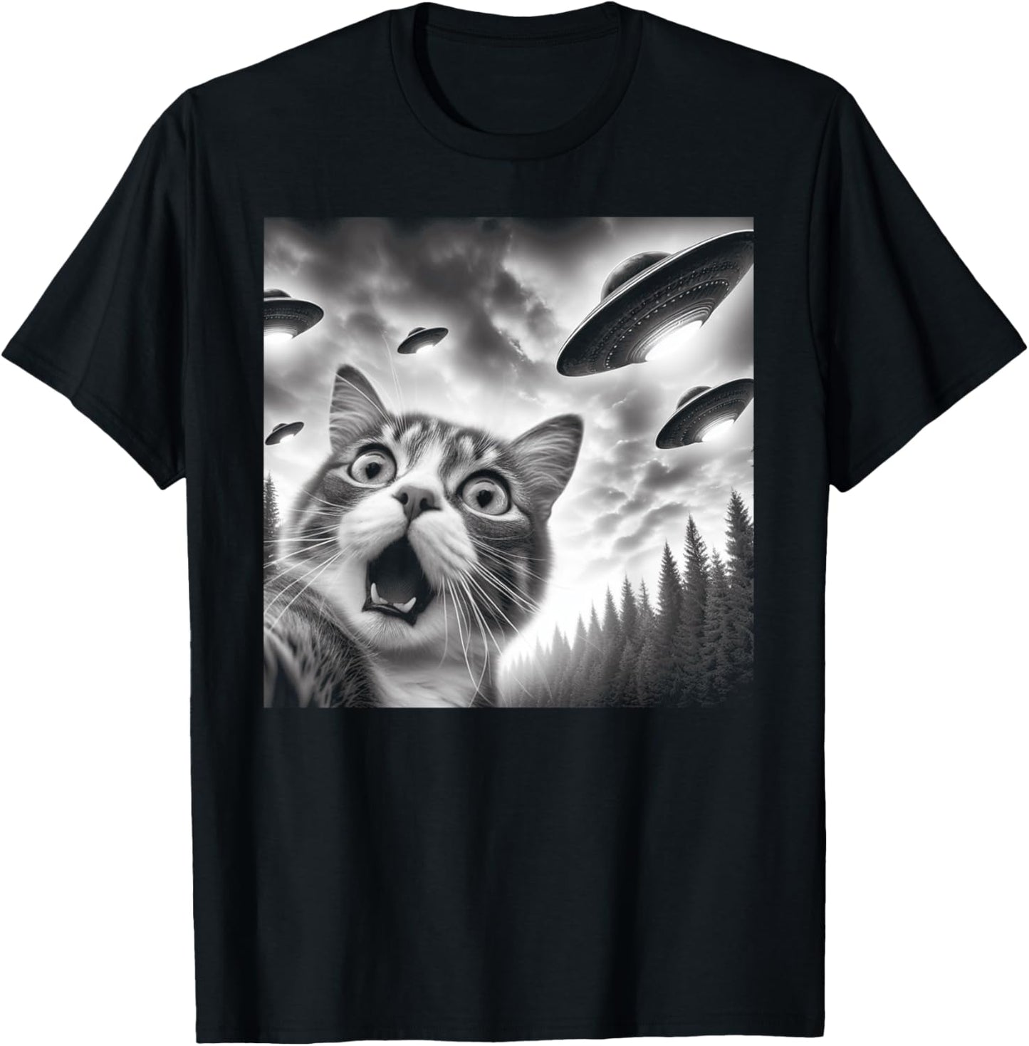 Funny Cat Selfie with UFOs T-Shirt