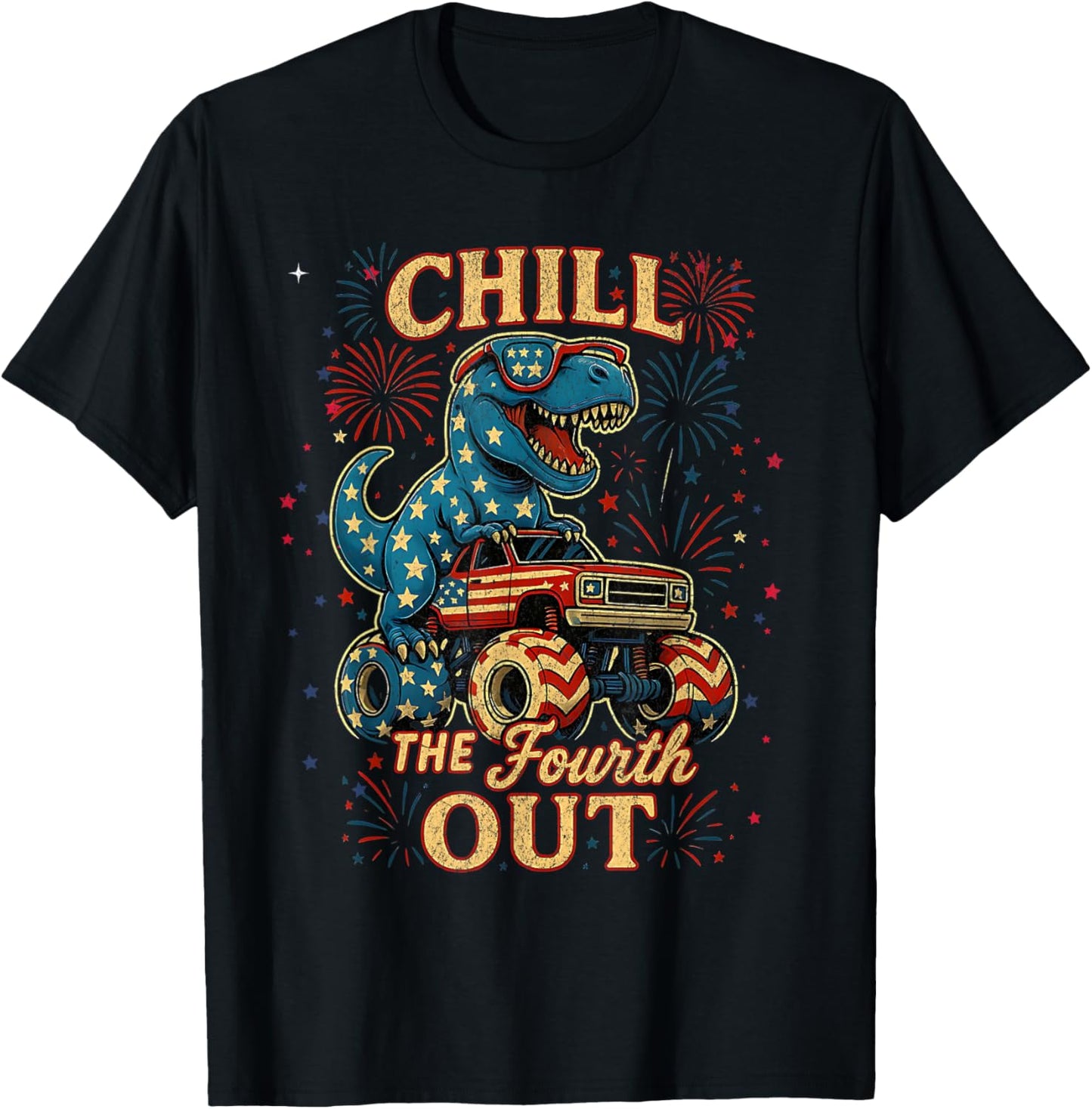Chill The Fourth Out Patriotic Monster Dino USA track T-Shirt