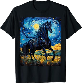 Black Horse Van Gogh Starry Night Painting Wild Animal Lover T-Shirt