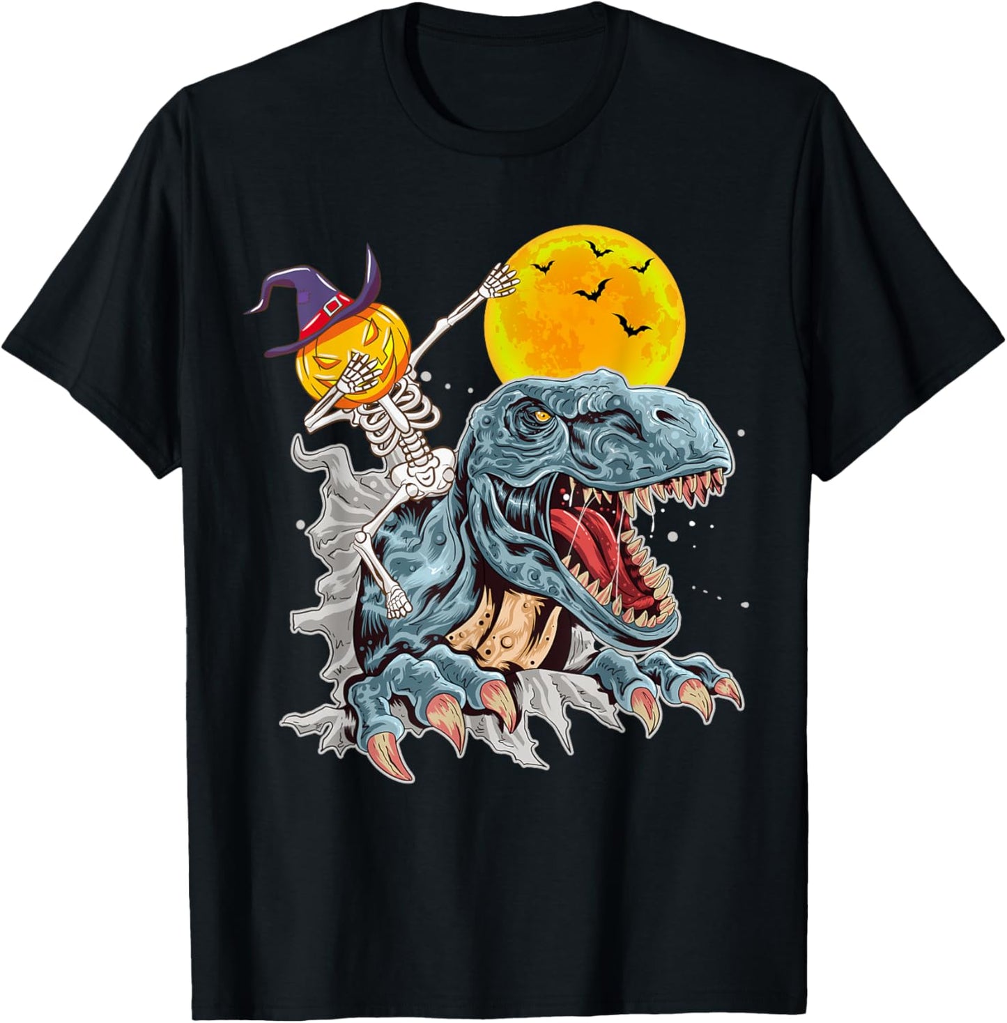 Skeleton Dabbing on Dinosaur Halloween Pumpkin Adventure T-Shirt