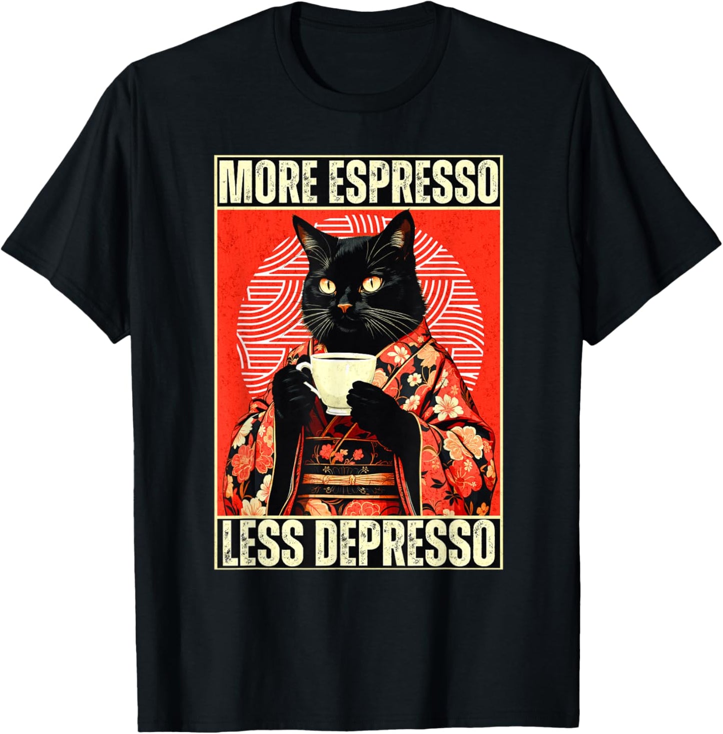 More Espresso Less Depresso Kimono Cat Japanese Art T-Shirt