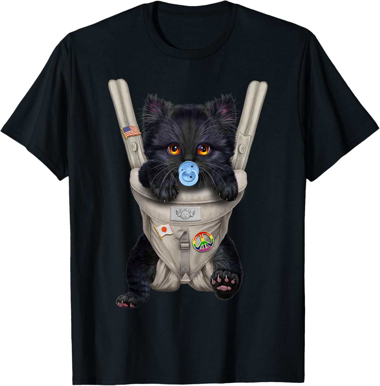 Fluffy Black Cat with Pacifier in Baby Carrier T-Shirt