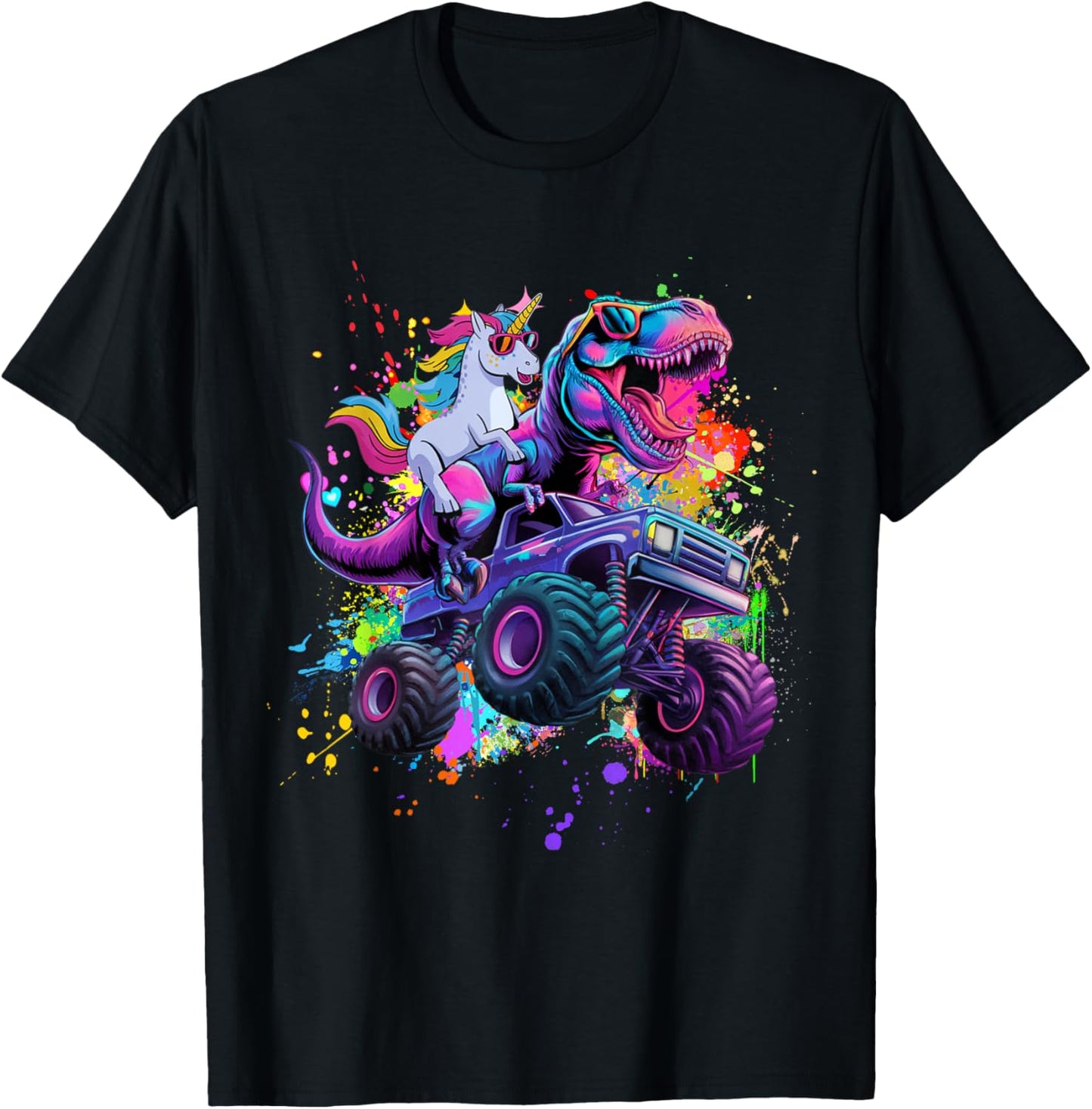 Unicorn Riding Dinosaur Monster Truck Funny Monster Truck T-Shirt