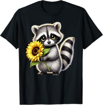 Raccoon Holding Sunflower Cute Flower Mothers Day T-Shirt