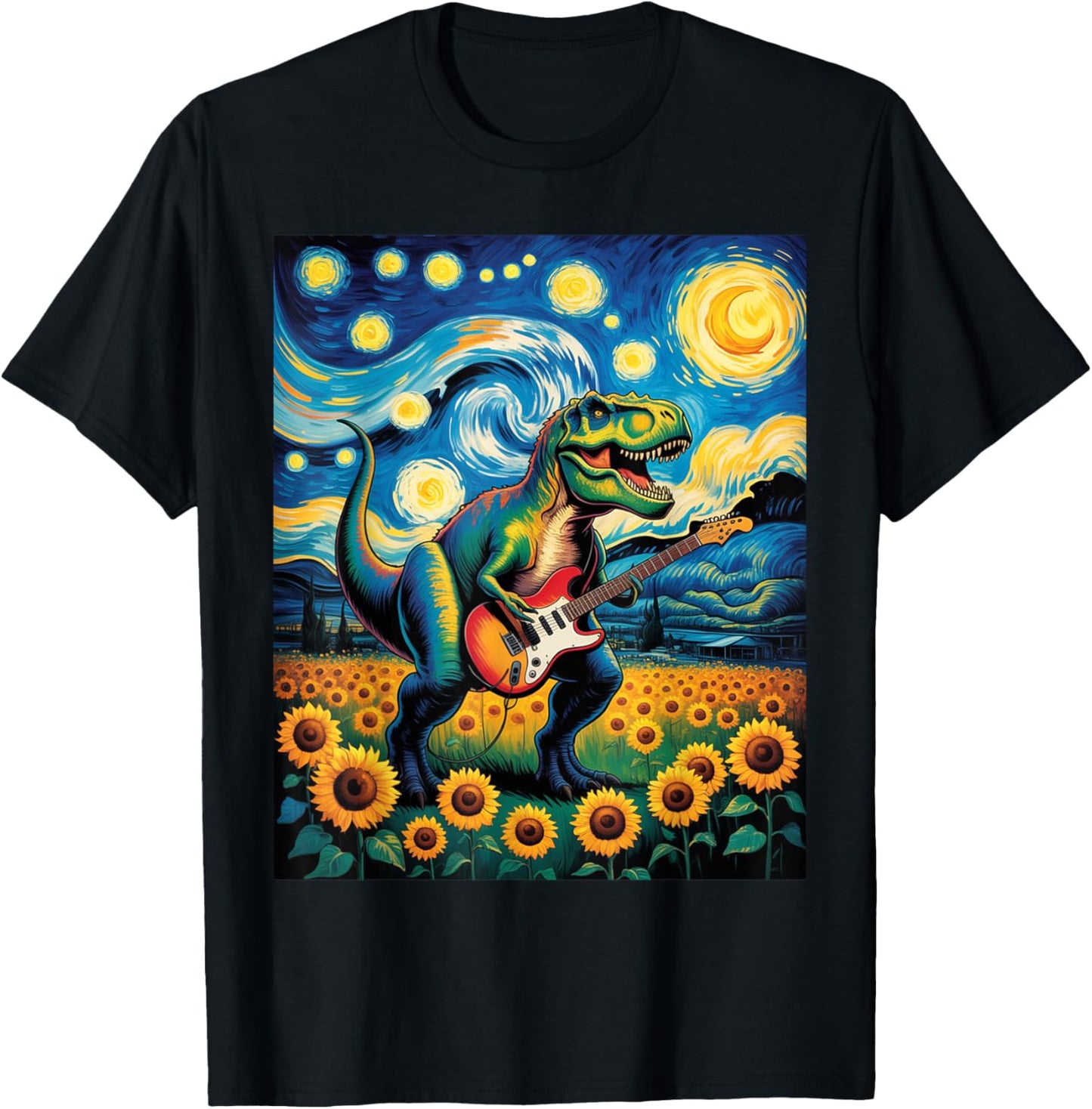 Dinosaur Starry Night Van Gogh Rock T Rex Playing Guitar T-Shirt