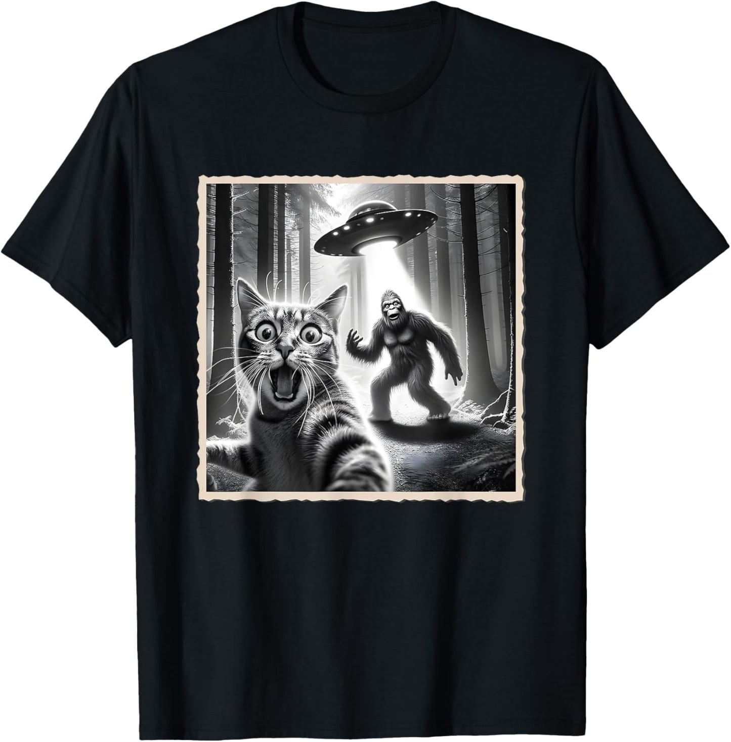 Cat Selfie With Bigfoot & UFO | Funny Sasquatch & Cat T-Shirt