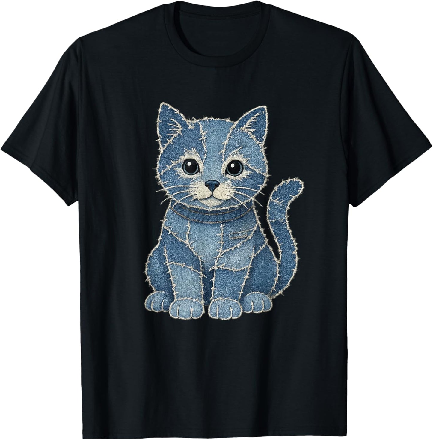 Funny Cat pattern denim patchwork Tee T-Shirt
