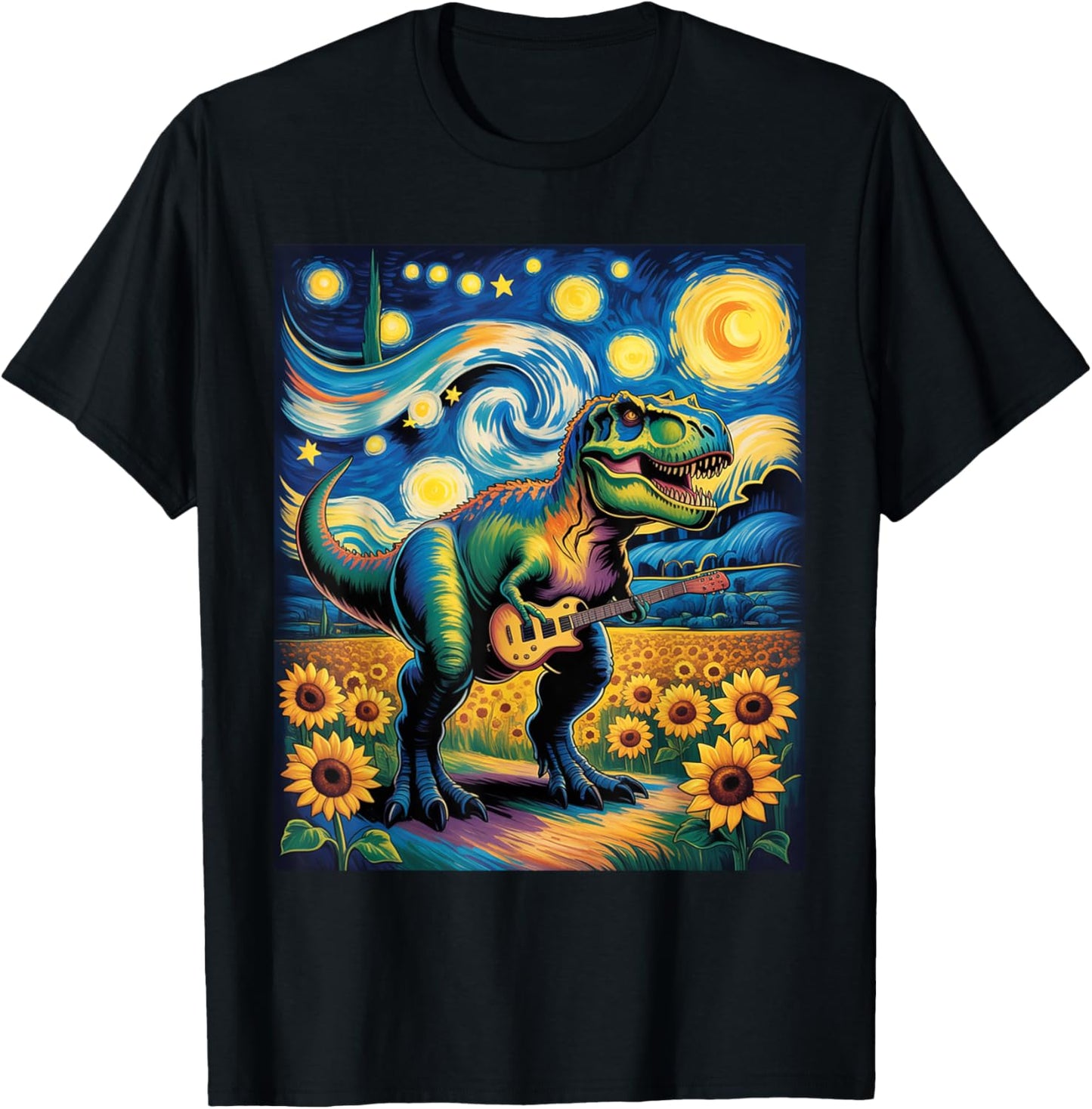 Dinosaur Starry Night Van Gogh Rock T Rex Playing Guitar T-Shirt