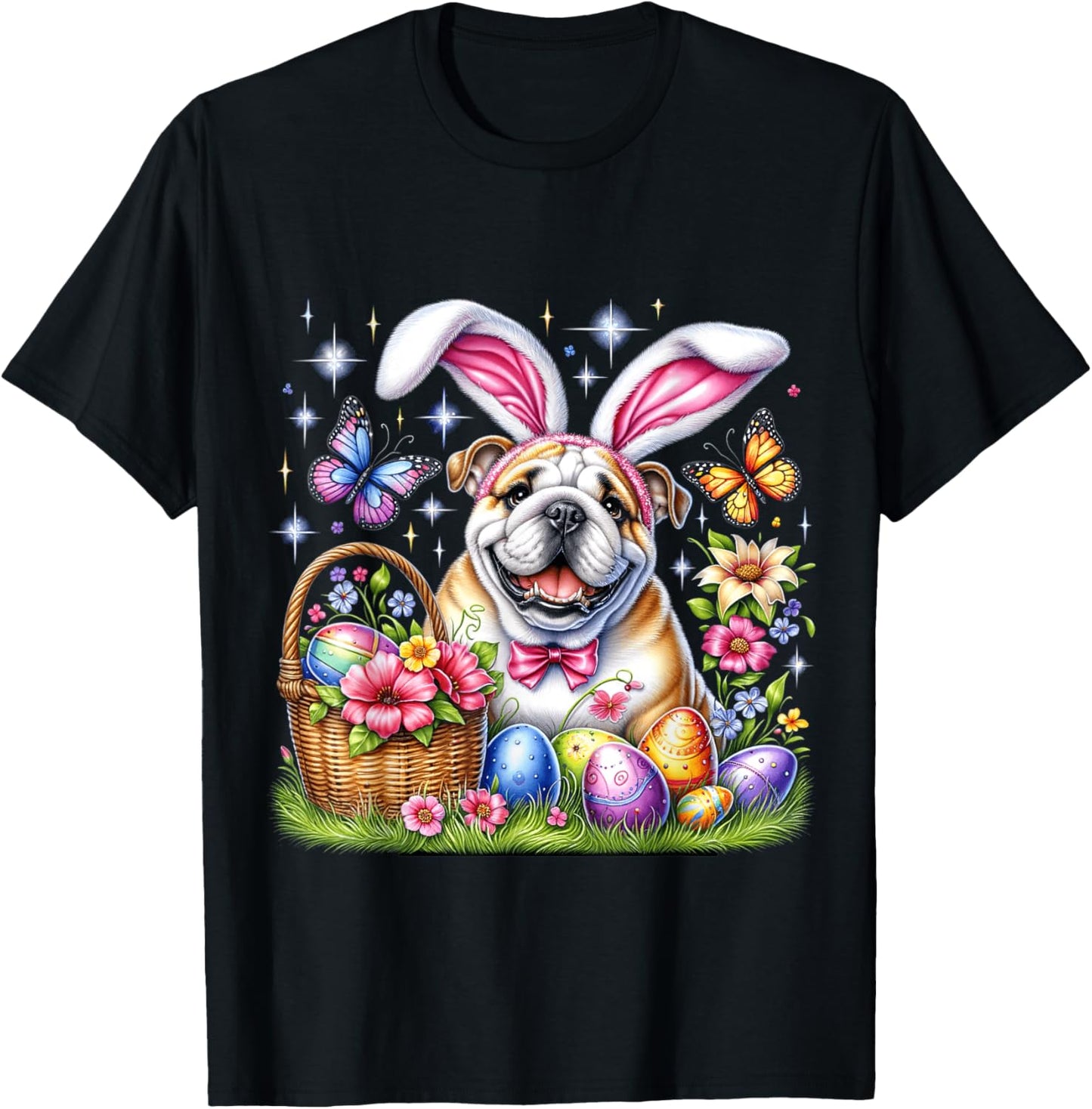 Cute Bunny Bulldog Dog Easter Eggs Basket Easter Day Delight T-Shirt