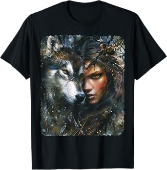 Beautiful Painting of a Woman with her Wolf T-Shirt