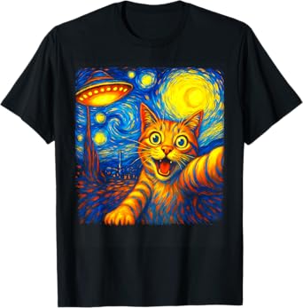 Cat Selfie With Alien UFO Funny Starry Night Van Gogh Men Women Kids T-Shirt