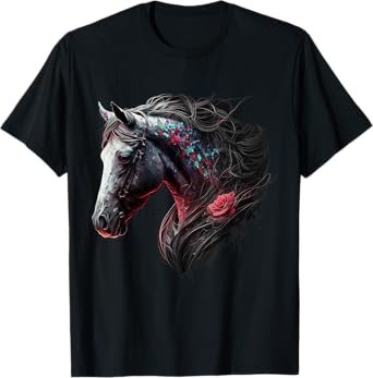 Horse Colourful Flowers Art Animal Print Horse Motif T-Shirt