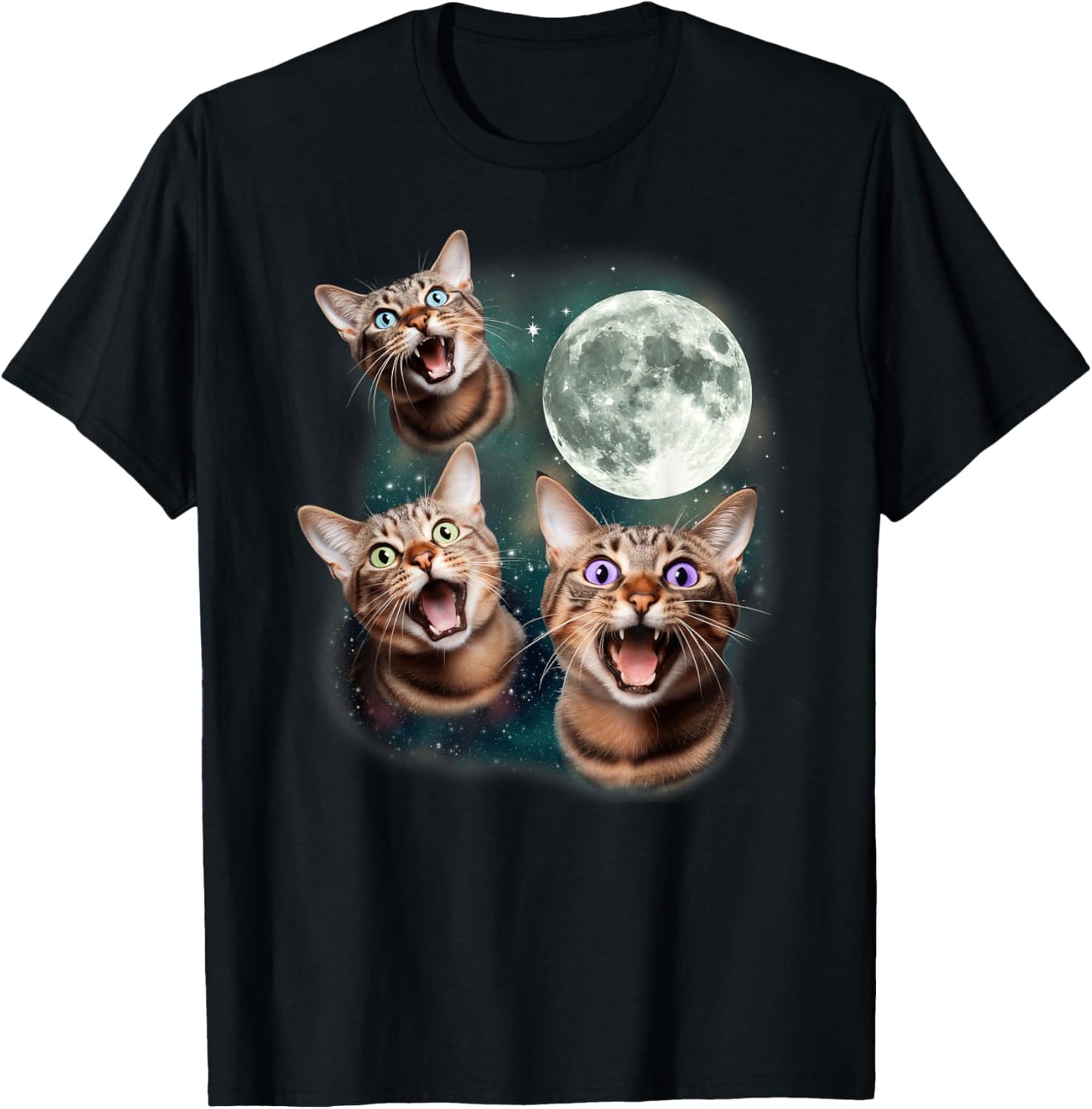 Three Tabby Cat Moon | 3 Kitten Howling Dead Moon Magic Meme T-Shirt