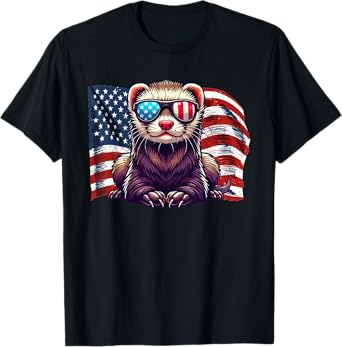 Ferret Pets Lovers Patriotic America Flag Sunglasses Vintage T-Shirt