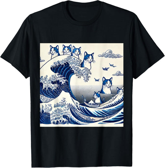 Cat Wave Art Japanese Vintage Ocean Cats Art T-Shirt