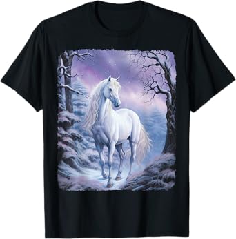 Beautiful white Horse standing in a snowy forest by night T-Shirt