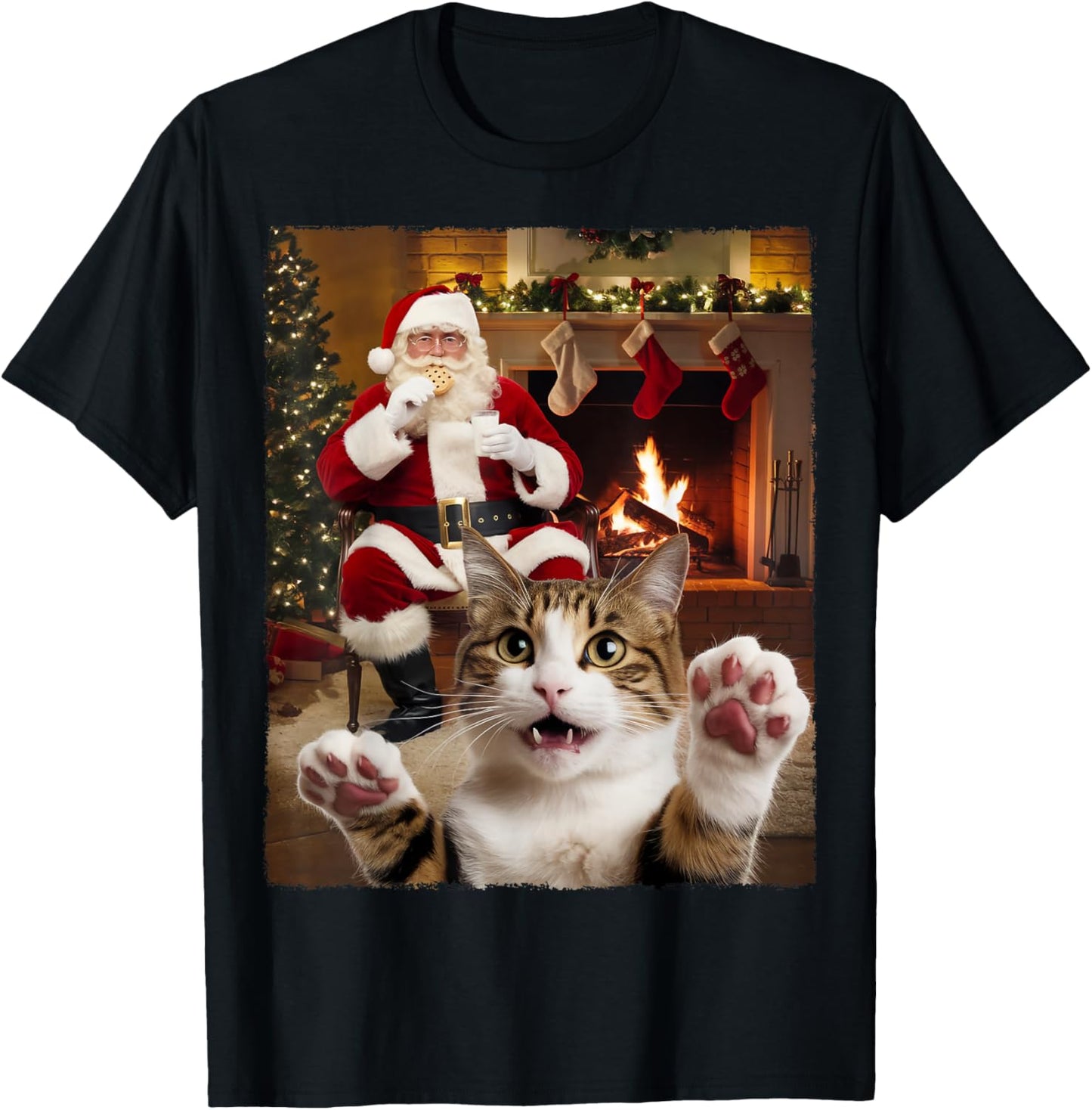 Christmas Cat Selfie with Santa Claus Gifts For Men Women T-Shirt