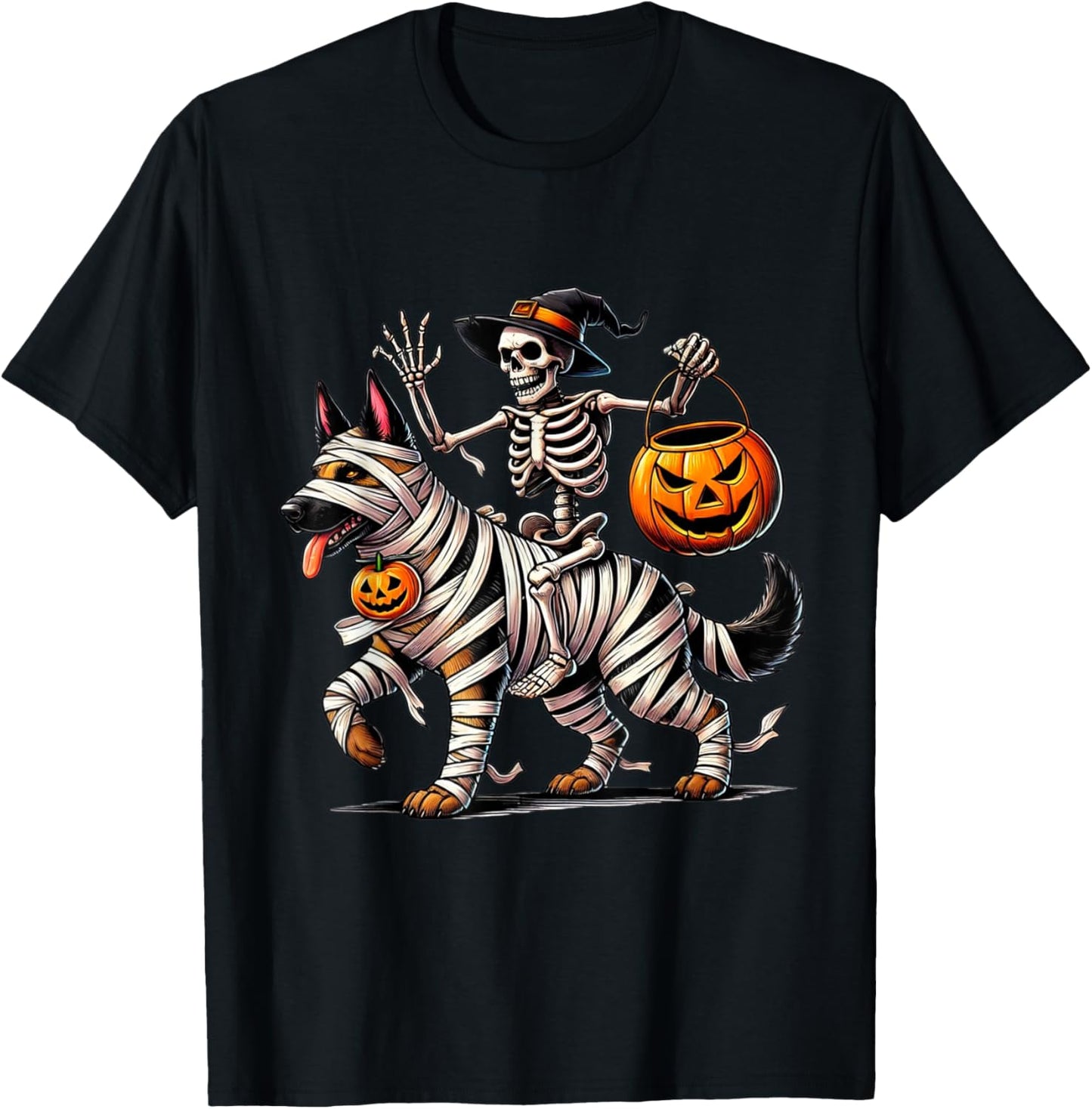Halloween Mummy Skeleton Riding German Shepherd Dog T-Shirt