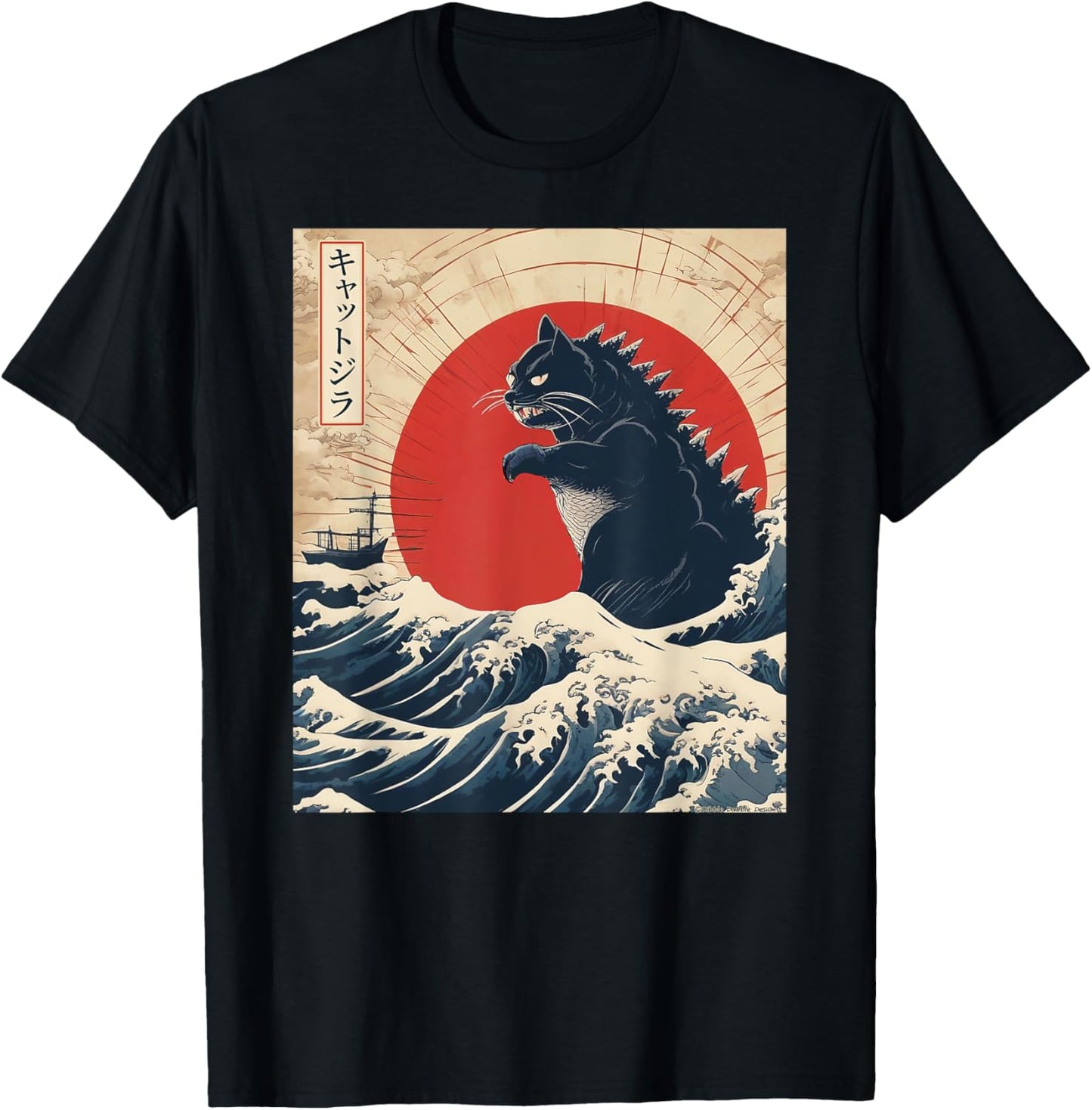 Funny Cat Kaiju Japanese Sunset Vintage Catzilla Great Wave T-Shirt