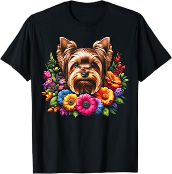 MyAnimal - Your Favourite Animal Wear Cute Yorkshire Terrier Portrait in Colourful Flowers T-Shirt, Small, Black