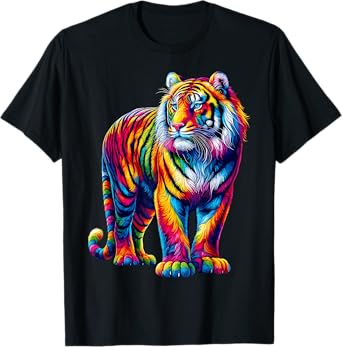 Vibrant Colorful Tiger Art Shirt Rainbow Wild Cat Animal T-Shirt for Men Women Kids