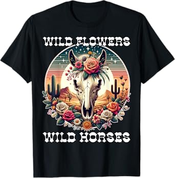Wild Flowers and Wild Horses Vintage Sunset Country Cowgirl T-Shirt