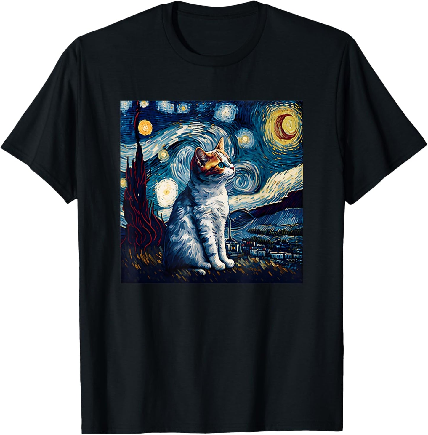 Starry Night Cat Van Gogh Funny Cat Lover Mom Dad T-Shirt