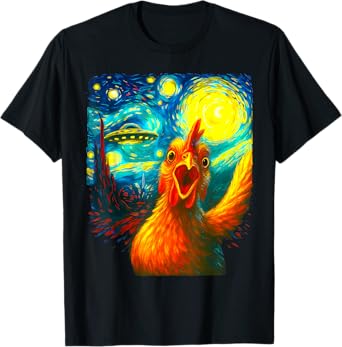 Chicken Selfie With Alien UFO Funny Starry Night Van Gogh T-Shirt