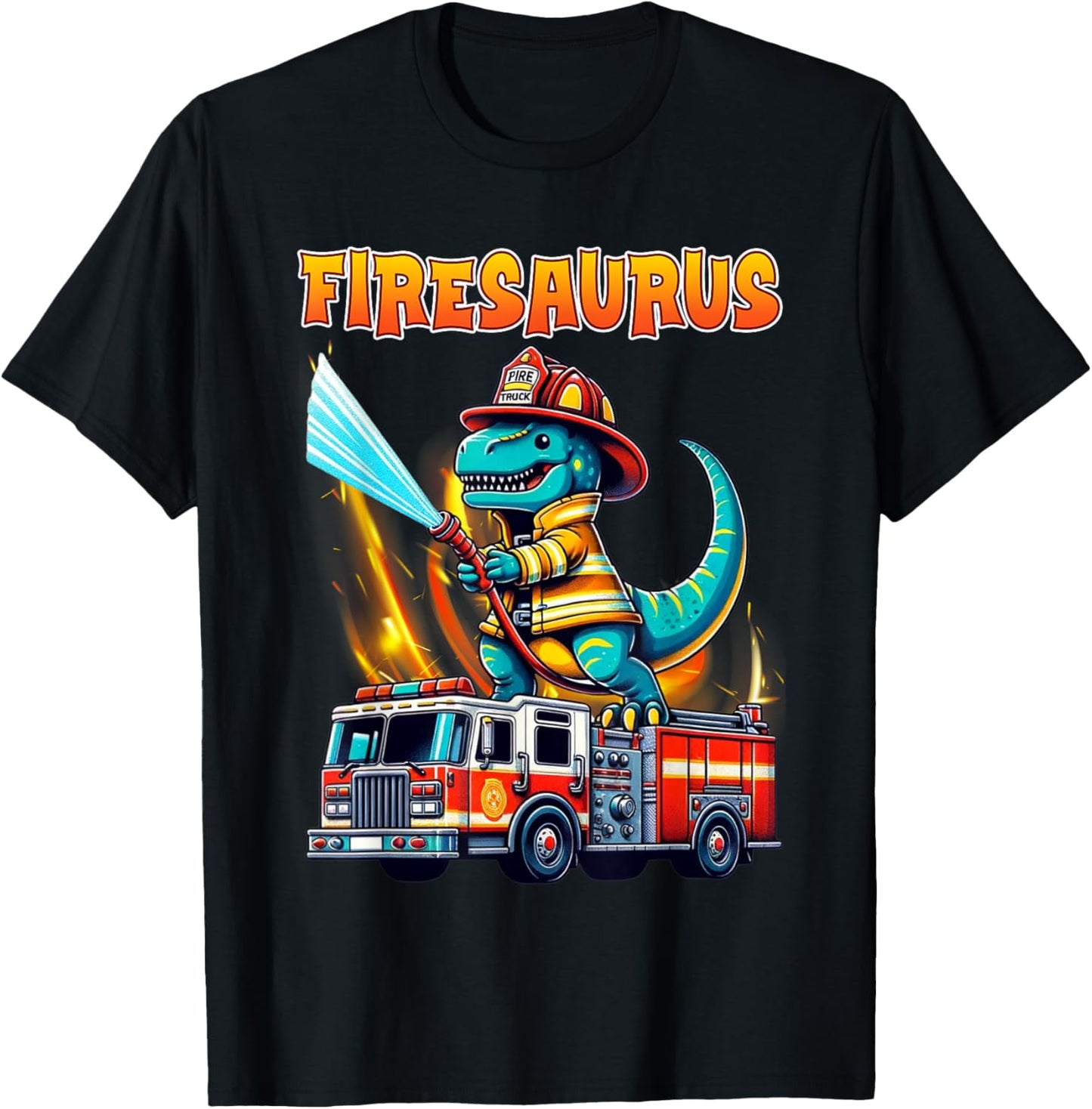Fire Fighter Saurus Firetruck Fireman T-Rex Dinosaur retro T-Shirt