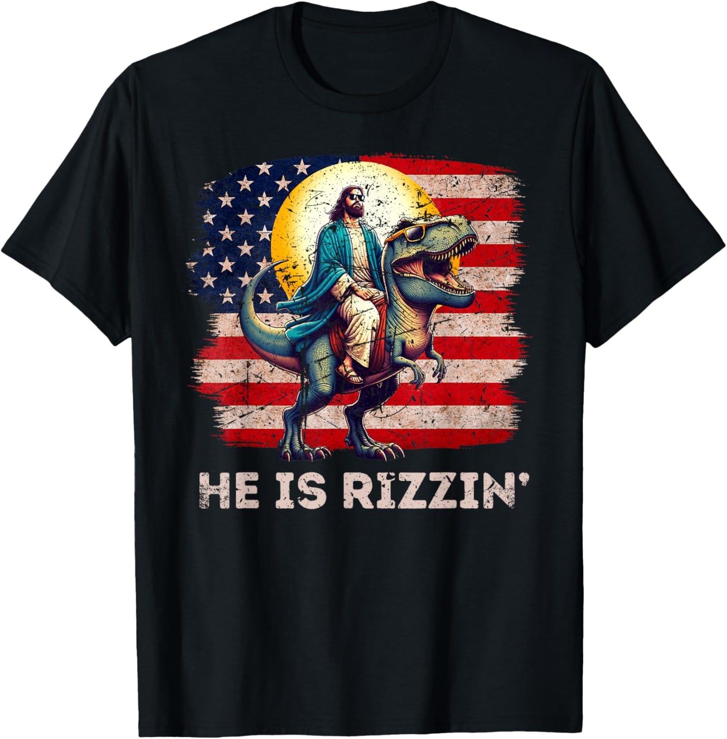 He Is Rizzen Jesus Has Rizzen Retro Christian Dinosaur T-Shirt