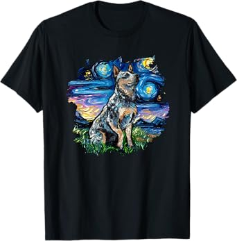 Blue Heeler with border Starry Night Dog Art by Aja T-Shirt