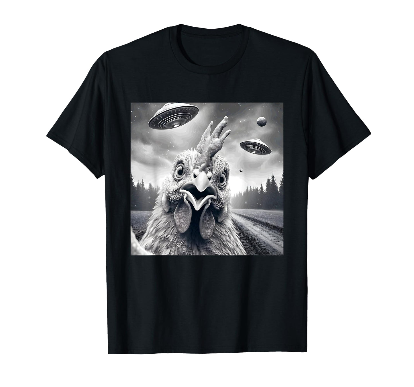 Chicken Rooster Funny Graphic Selfie with UFOs Weird Aliens T-Shirt