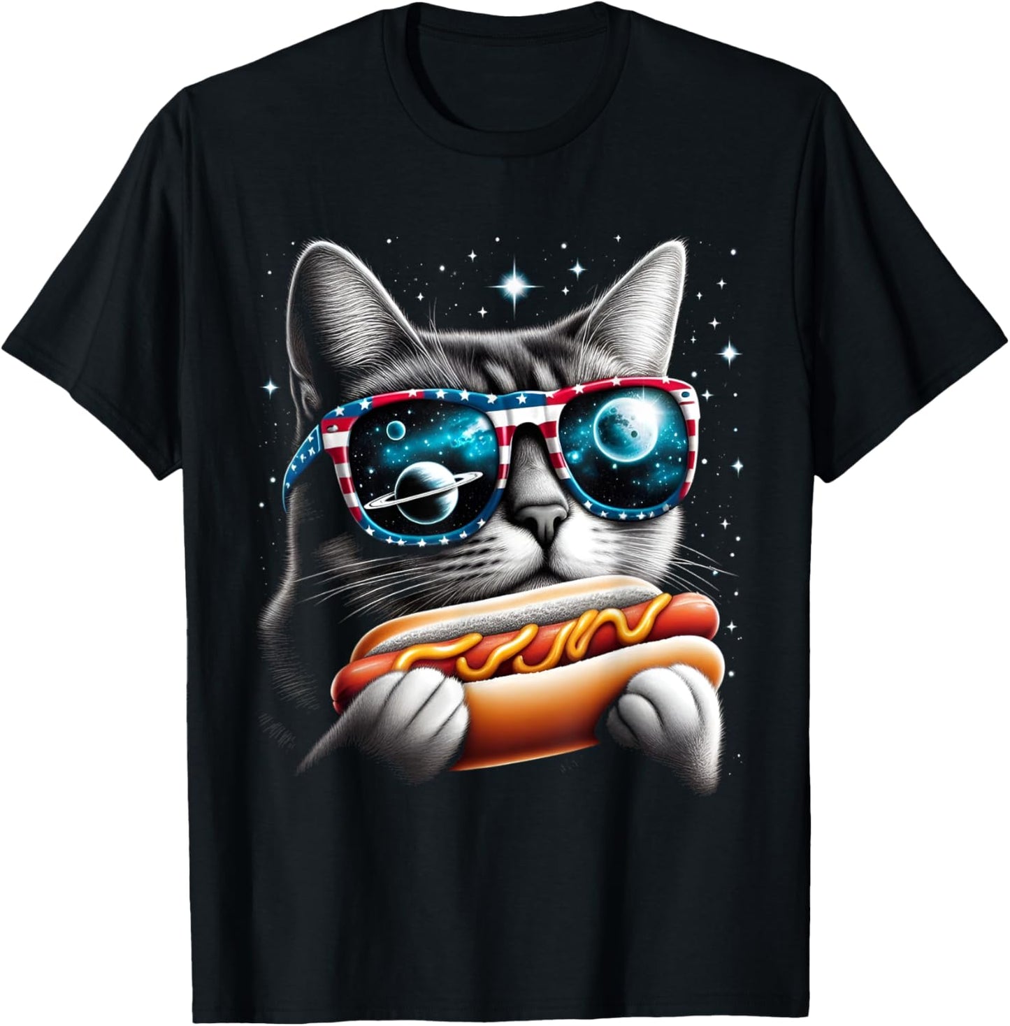 Funny Cat Eating Hot-Dog Glizzy In Space Galaxy Mens Womens T-Shirt