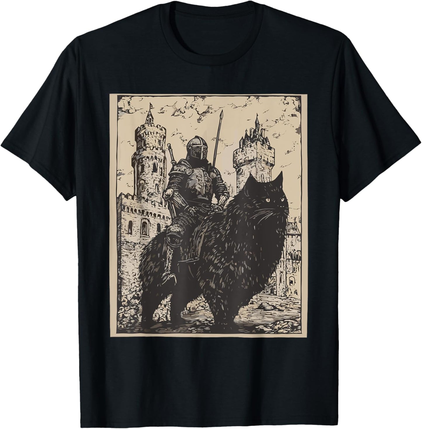 Knight Cat Rider Vintage 90s Medieval Knight Riding Cat T-Shirt
