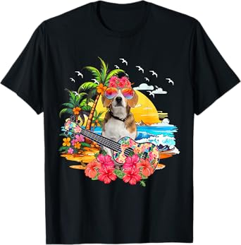 Hawaiian Floral Beagle Sunglasses Playing Guitar On Beach T-Shirt